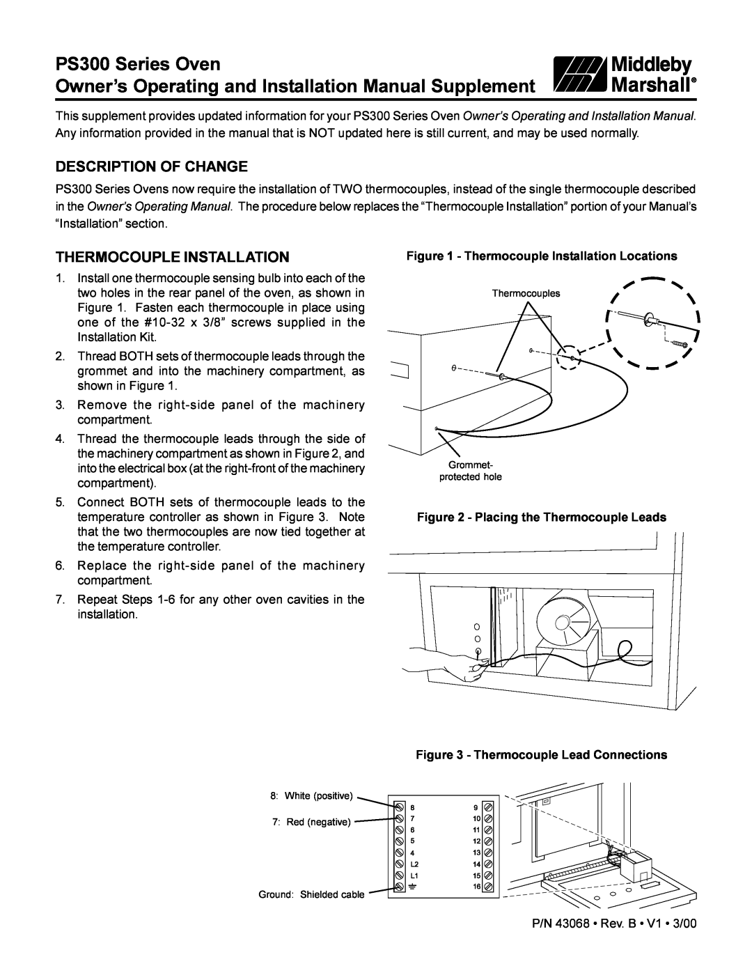 Middleby Marshall installation manual PS300 Series Oven, Description Of Change, Thermocouple Installation 