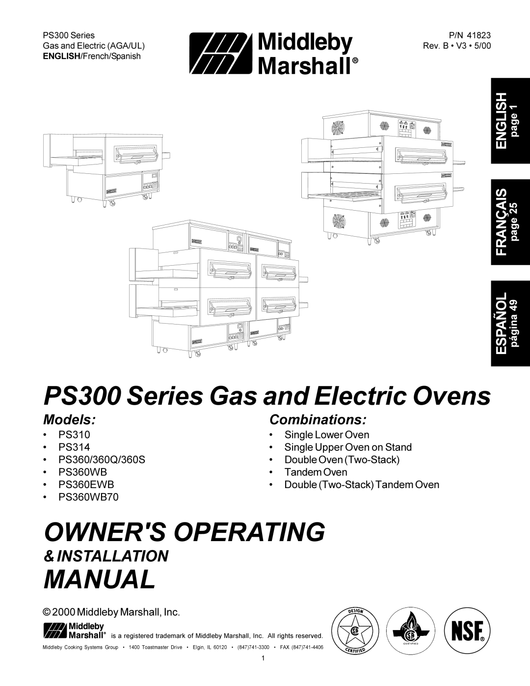 Middleby Marshall PS300F installation manual Owners Operating 