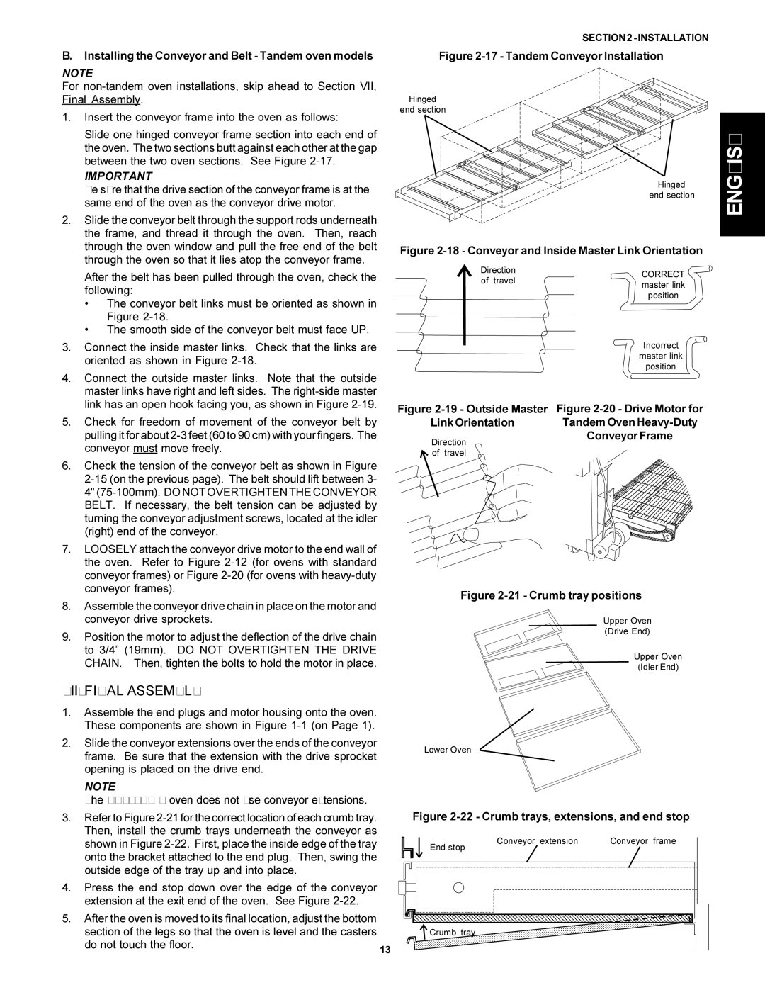 Middleby Marshall PS300F VII. Final Assembly, Installing the Conveyor and Belt Tandem oven models, Conveyor Frame 