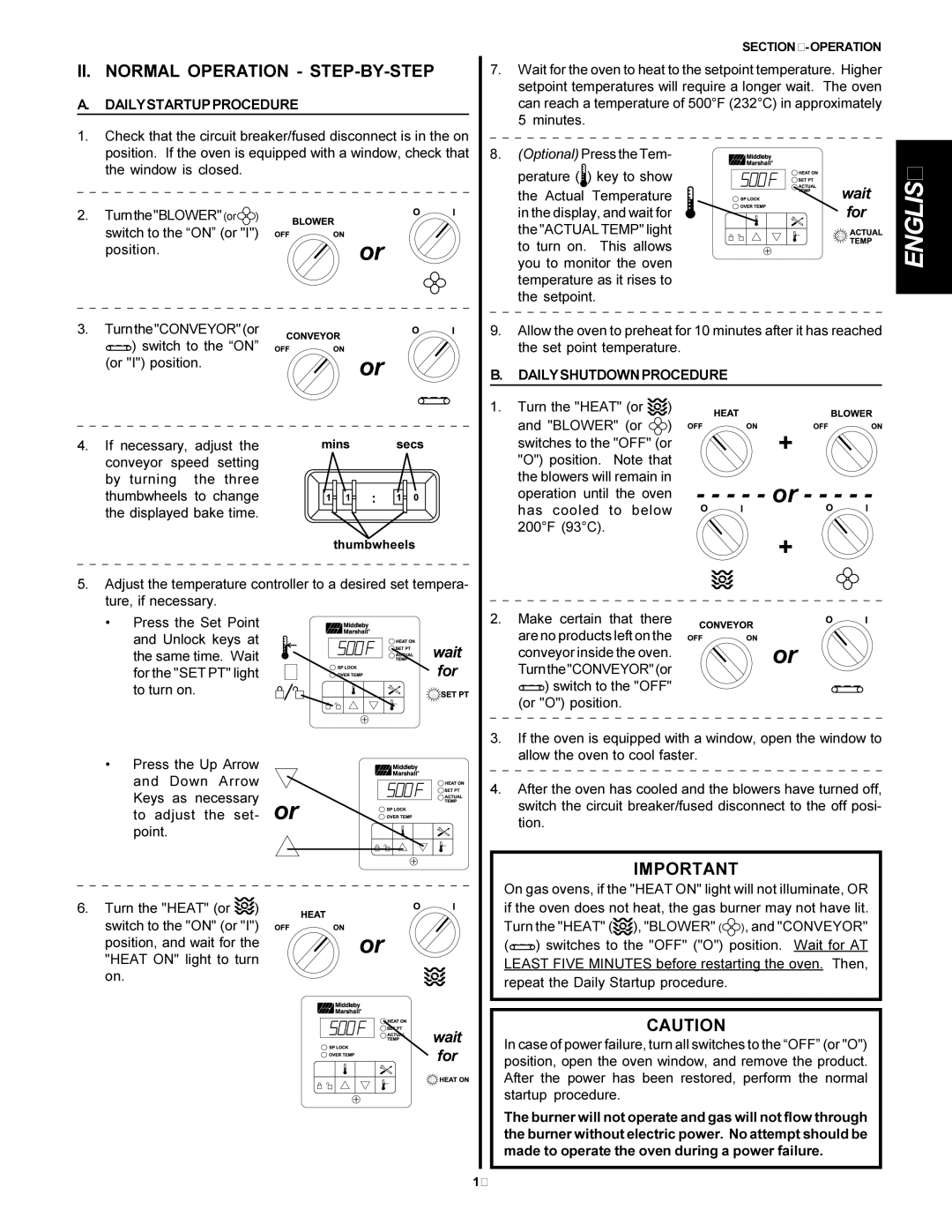 Middleby Marshall PS300F II. Normal Operation STEP-BY-STEP, Dailystartupprocedure, Display, and wait for 