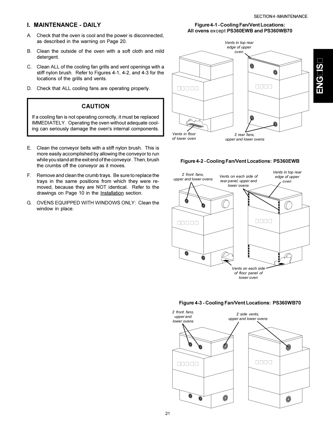 Middleby Marshall PS300F installation manual Maintenance Daily, Cooling Fan/Vent Locations PS360EWB 