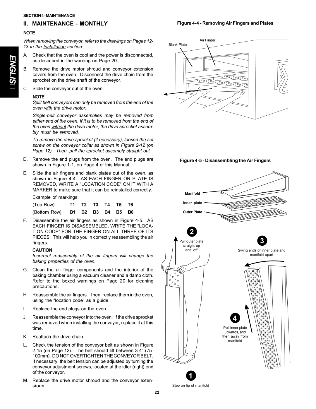 Middleby Marshall PS300F installation manual II. Maintenance Monthly, Removing Air Fingers and Plates 