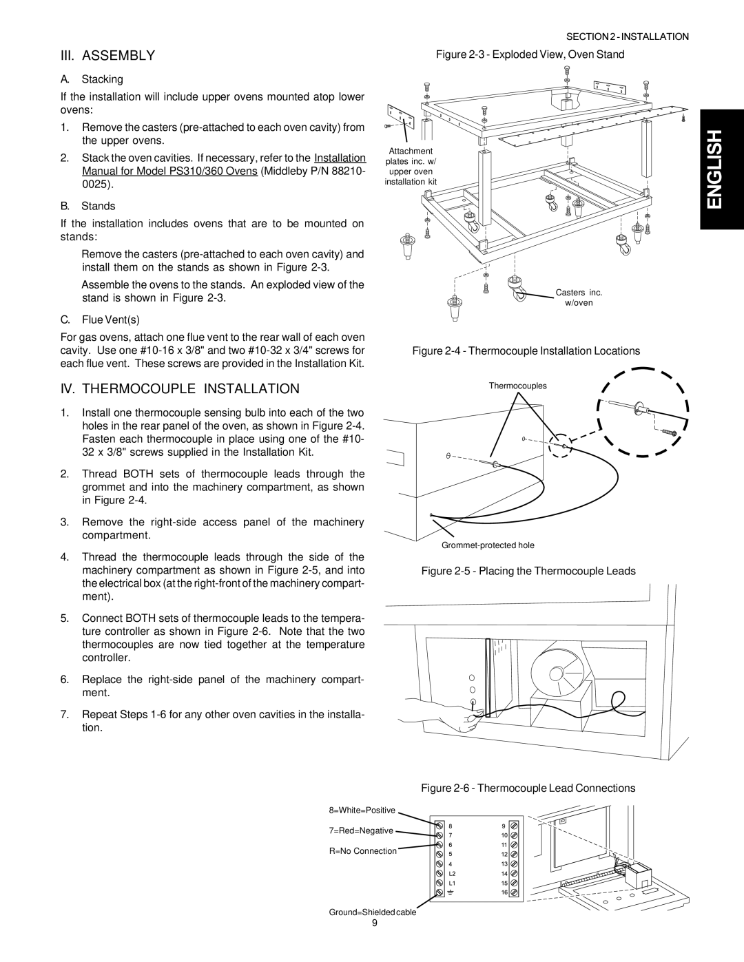 Middleby Marshall PS300F installation manual III. Assembly, IV. Thermocouple Installation, Stacking, Stands, Flue Vents 