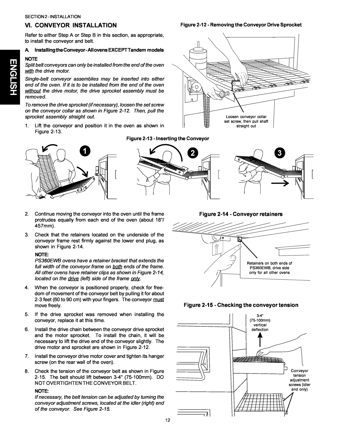 Middleby Marshall PS300F English, Vi. Conveyor Installation, 14- Conveyor retainers, 15- Checking the conveyor tension 