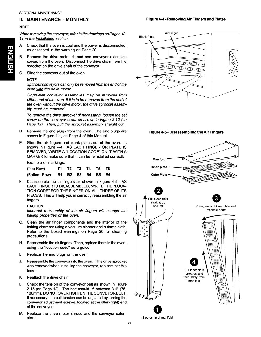 Middleby Marshall PS300F installation manual English, Ii. Maintenance - Monthly, 4- Removing Air Fingers and Plates 