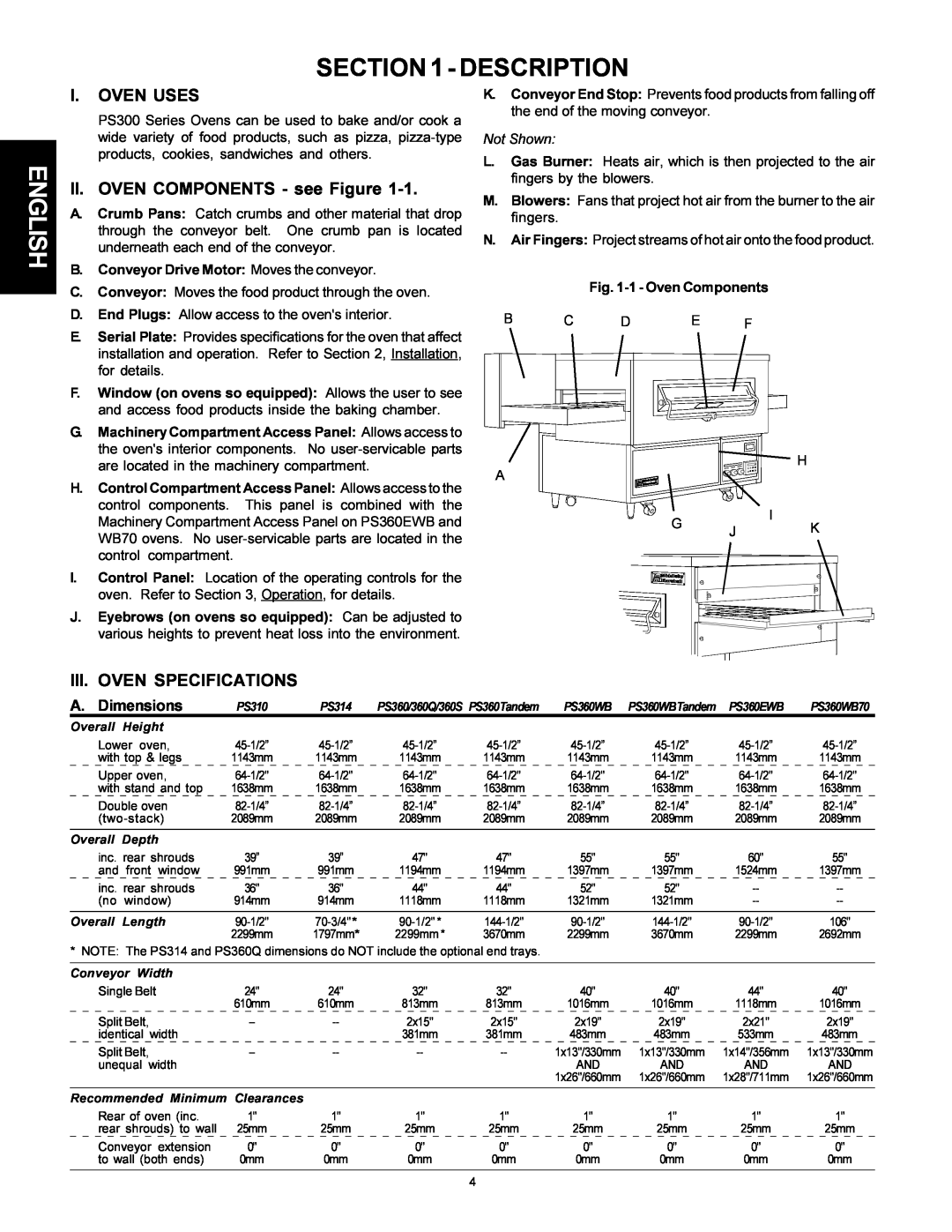 Middleby Marshall PS300F Description, English, I.Oven Uses, II. OVEN COMPONENTS - see Figure, Oven Specifications 