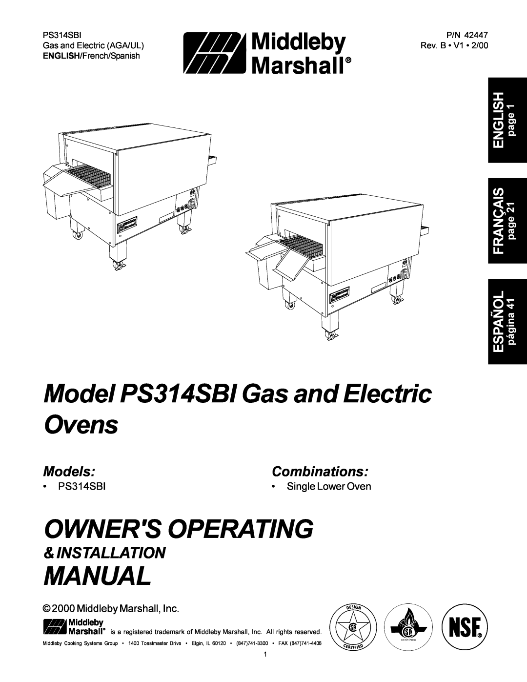 Middleby Marshall installation manual Model PS314SBI Gas and Electric Ovens, Owners Operating, Manual, Installation 