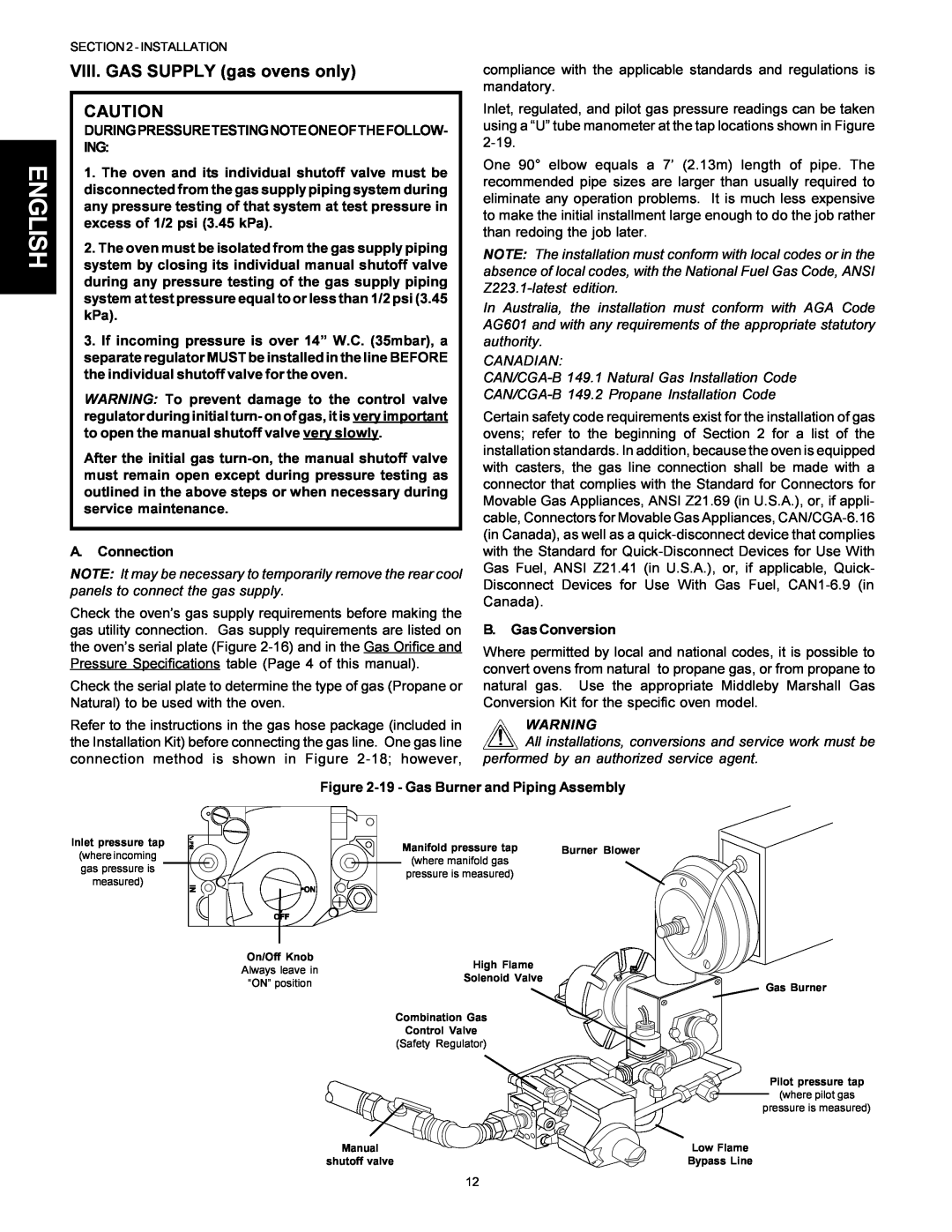 Middleby Marshall PS314SBI installation manual English, VIII. GAS SUPPLY gas ovens only 