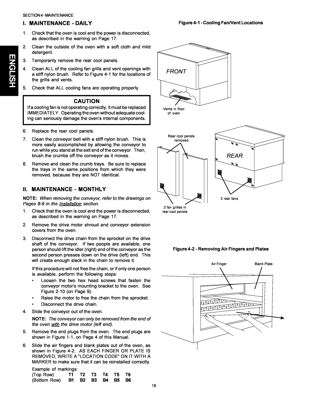 Middleby Marshall PS314SBI installation manual English, I. Maintenance - Daily, Ii. Maintenance - Monthly, Front, Rear 