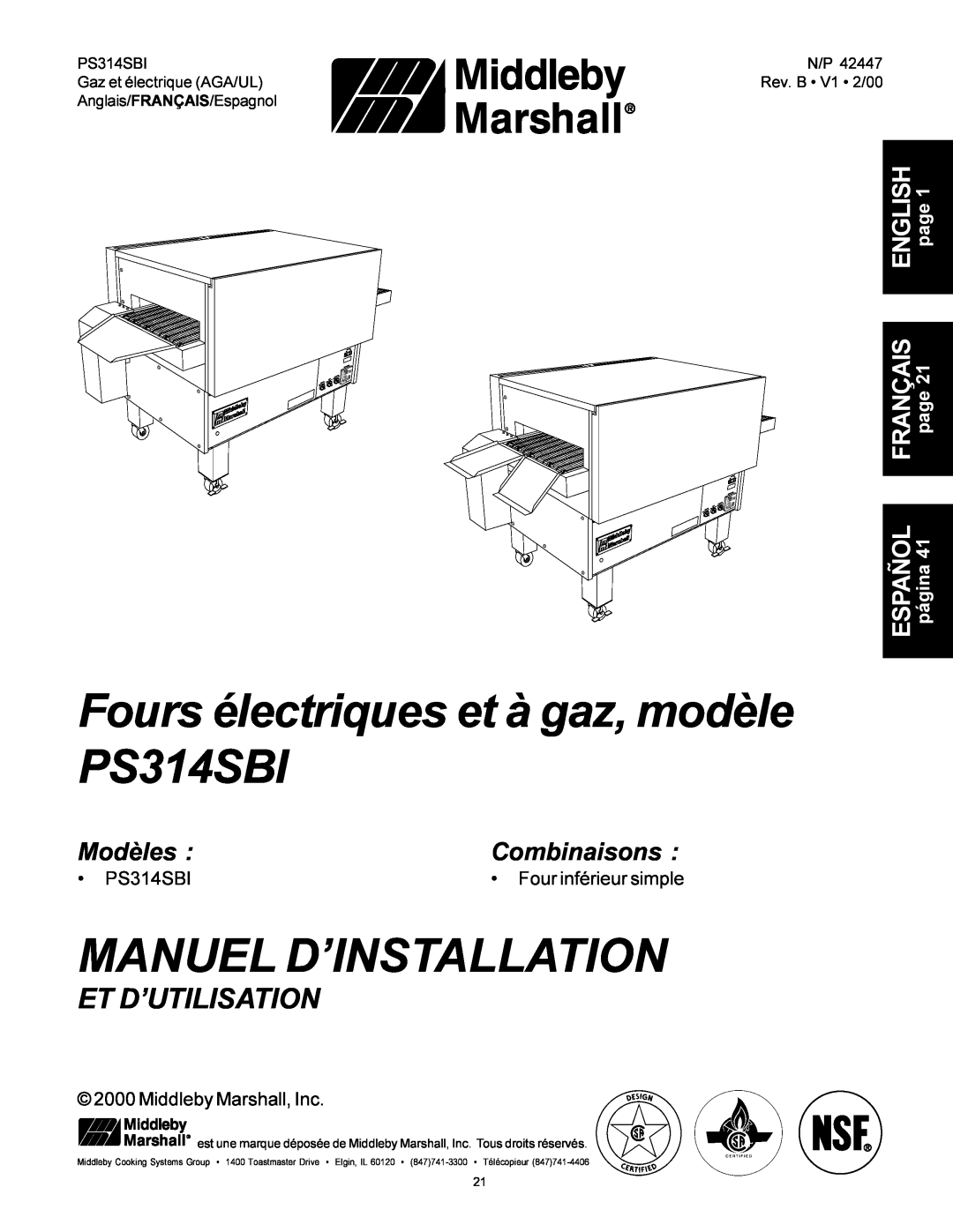 Middleby Marshall Fours électriques et à gaz, modèle PS314SBI, Manuel D’Installation, Et D’Utilisation, Modèles 