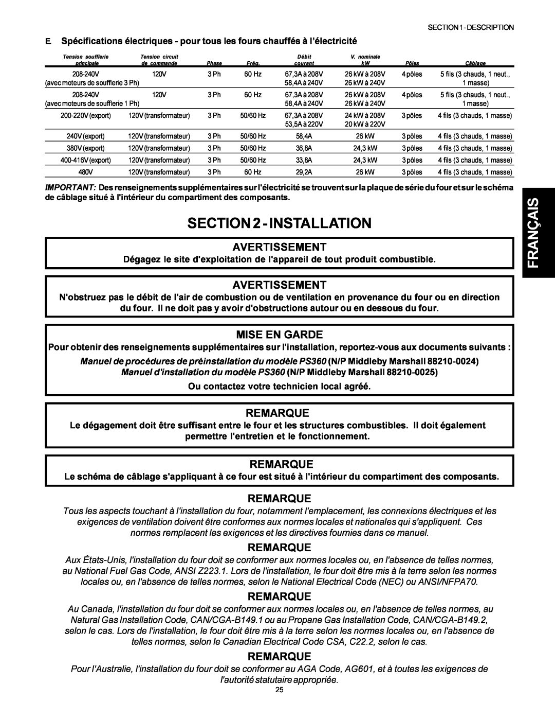 Middleby Marshall PS314SBI installation manual Installation, Français, Avertissement, Mise En Garde, Remarque 