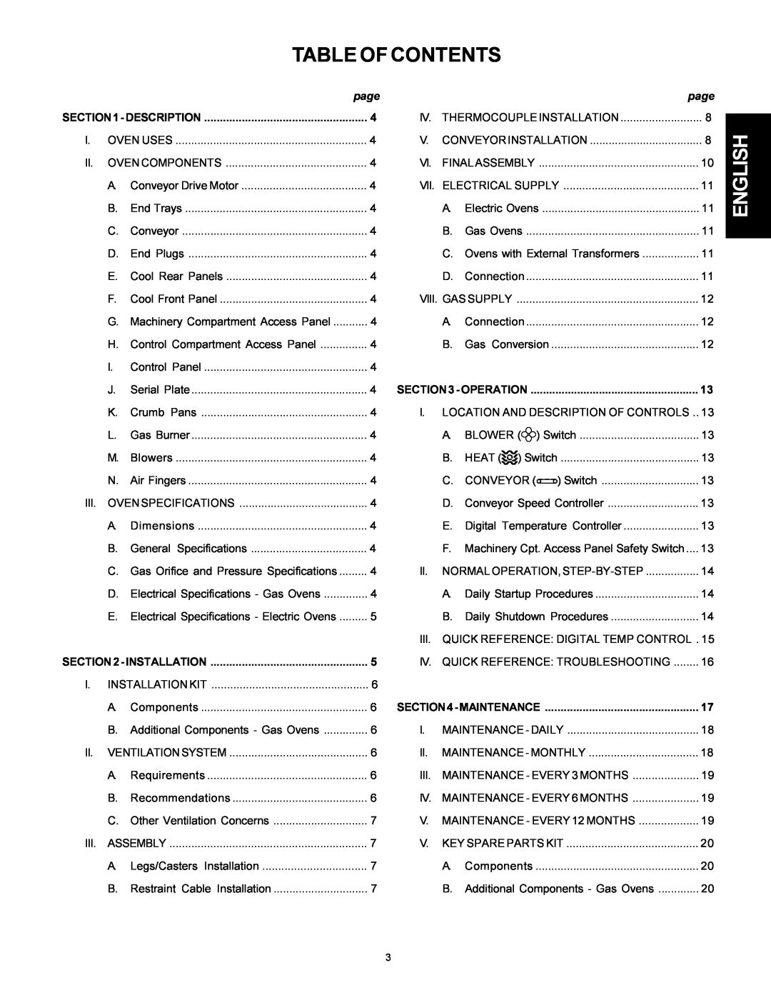 Middleby Marshall PS314SBI installation manual Table Of Contents, English, page 