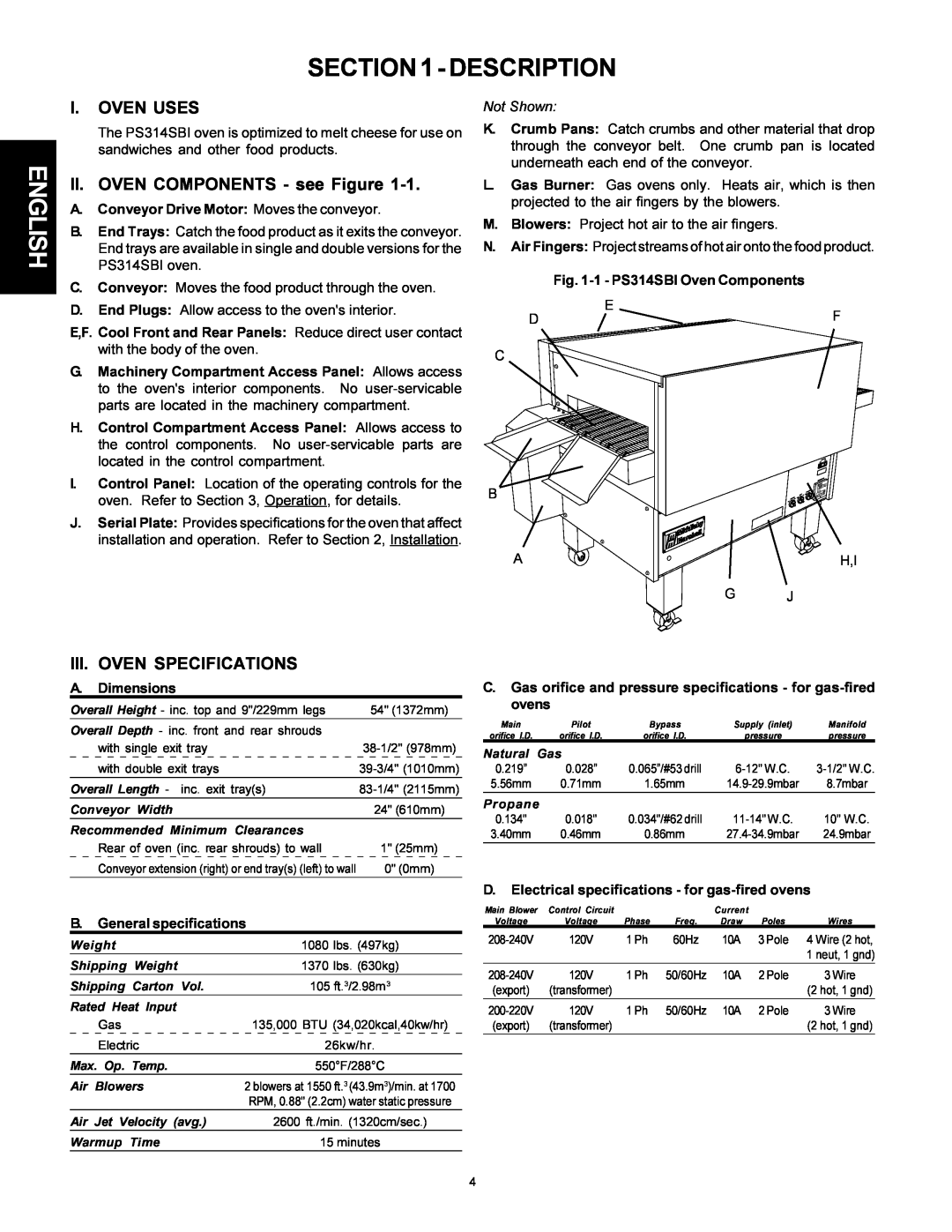 Middleby Marshall PS314SBI Description, English, I.Oven Uses, II. OVEN COMPONENTS - see Figure, Oven Specifications 