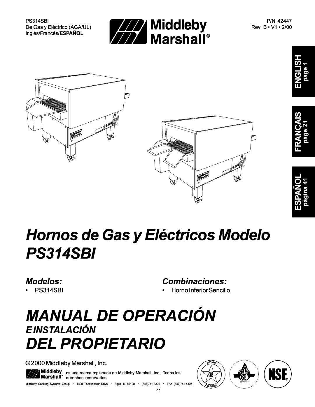 Middleby Marshall Hornos de Gas y Eléctricos Modelo PS314SBI, Manual De Operación, Del Propietario, E Instalación 