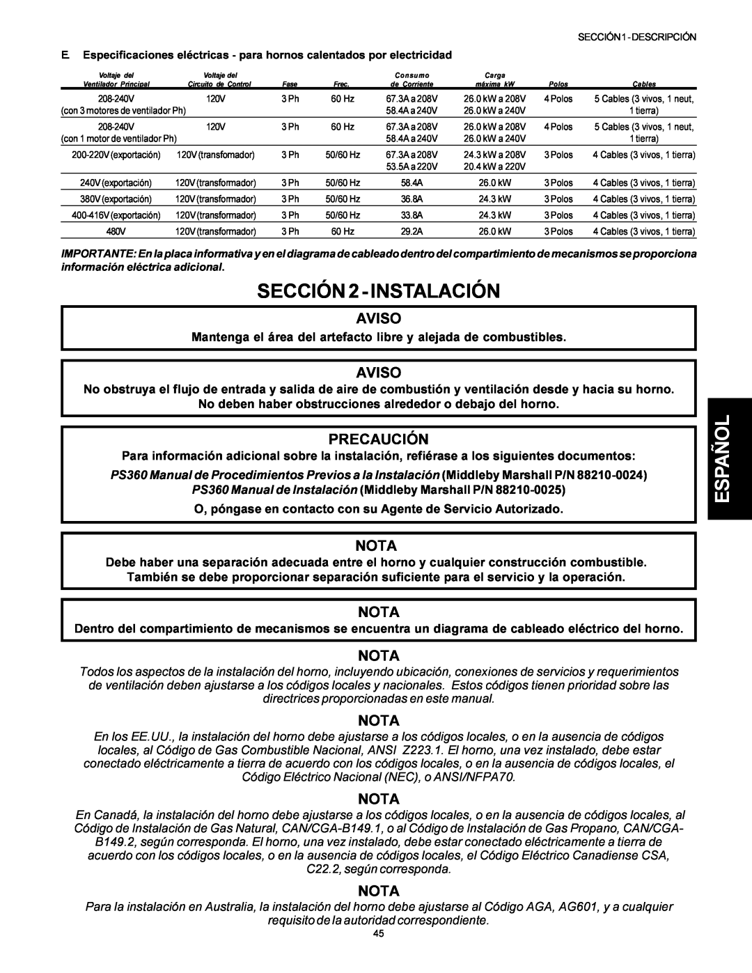 Middleby Marshall PS314SBI installation manual SECCIÓN 2 - INSTALACIÓN, Español, Aviso, Precaución, Nota 