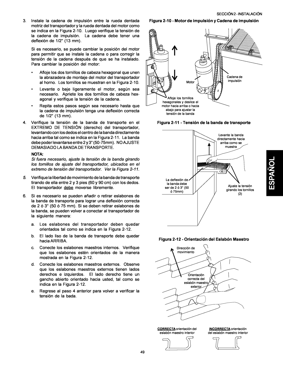 Middleby Marshall PS314SBI installation manual Español, Nota, Figura 2-11- Tensión de la banda de transporte 