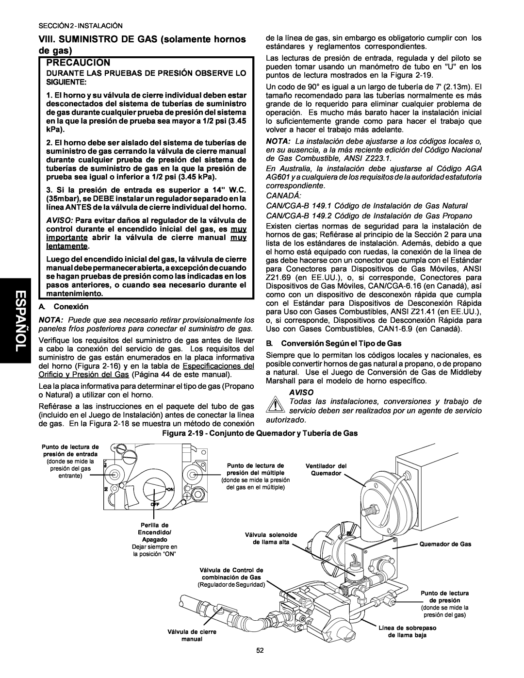 Middleby Marshall PS314SBI installation manual Español, VIII. SUMINISTRO DE GAS solamente hornos de gas, Precaución, Aviso 