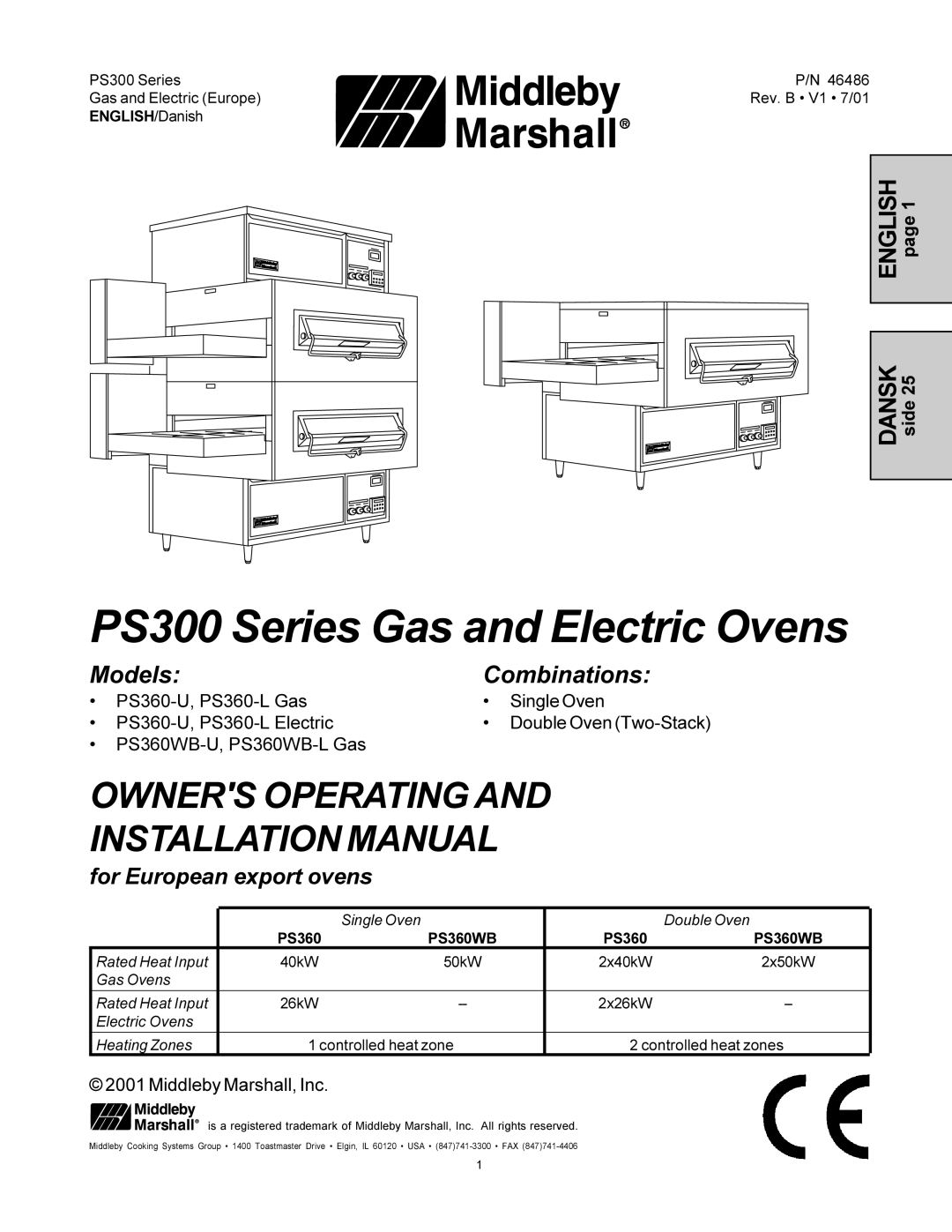 Middleby Marshall PS360-U installation manual Rev. B V1 7/01, 40kW 50kW 2x40kW 2x50kW, 26kW 2x26kW 