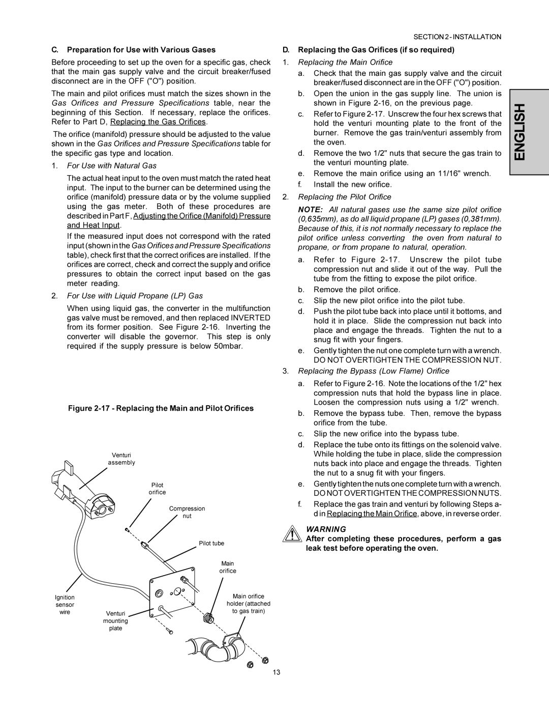 Middleby Marshall PS360-U Preparation for Use with Various Gases, Replacing the Gas Orifices if so required 