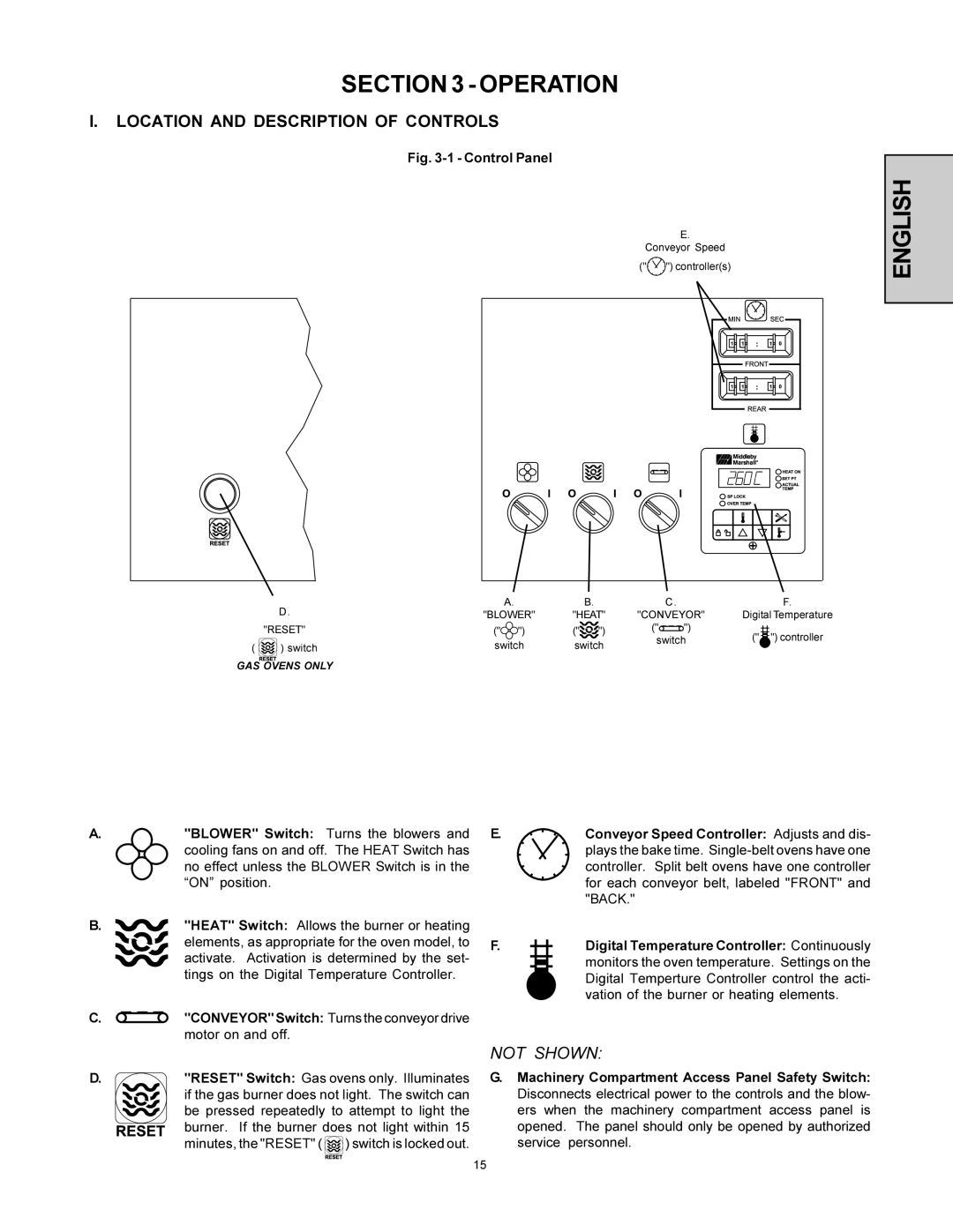 Middleby Marshall PS360-U Operation, Location and Description of Controls, Reset Switch Gas ovens only. Illuminates 