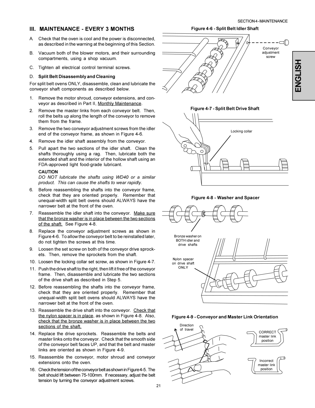 Middleby Marshall PS360-U installation manual III. Maintenance Every 3 Months, Split Belt Disassembly and Cleaning 