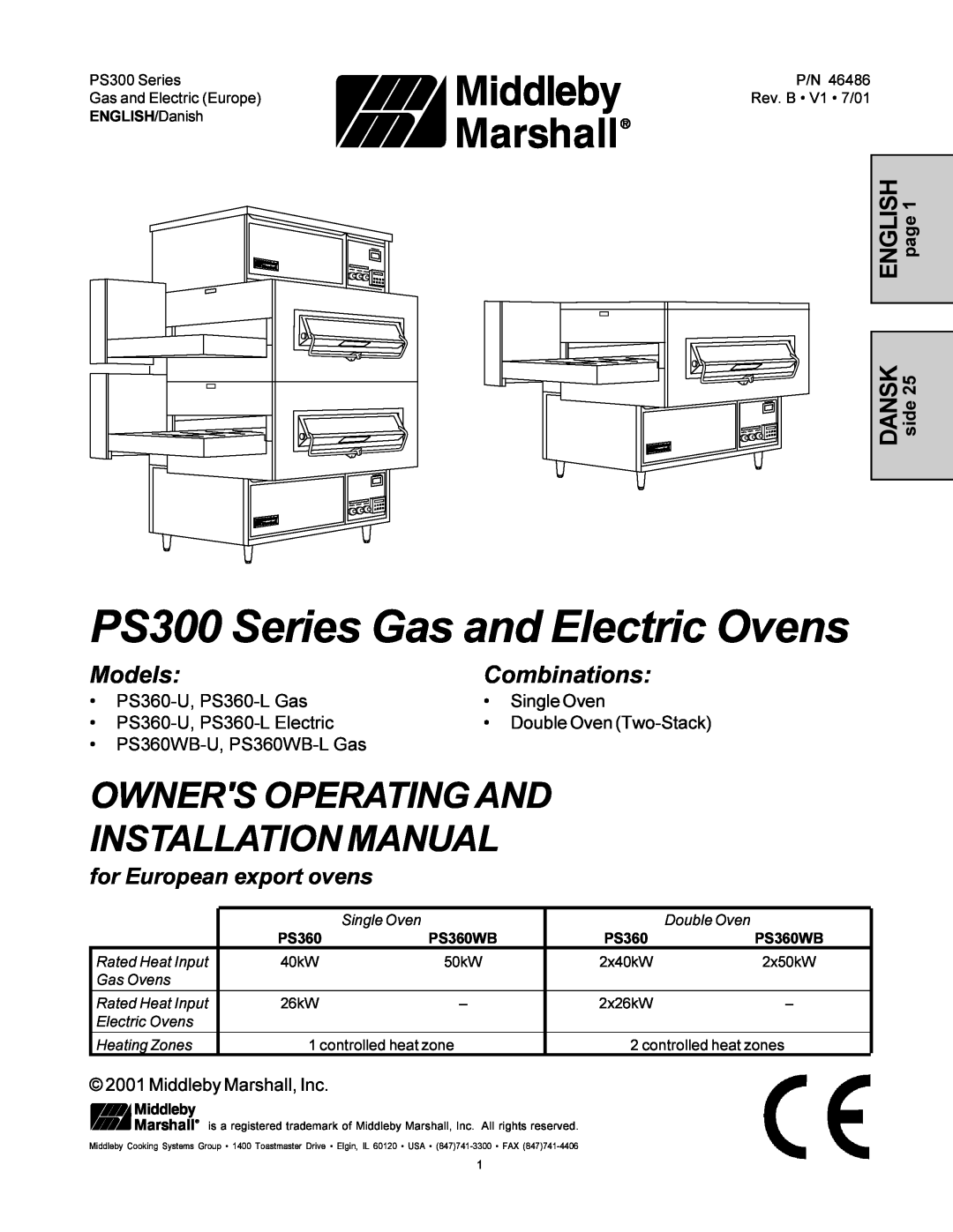 Middleby Marshall PS360-U installation manual Models Combinations, PS300 Series Gas and Electric Ovens, Single Oven 
