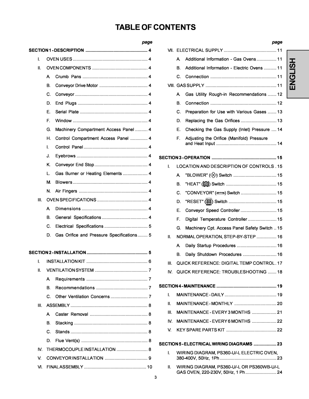Middleby Marshall PS360-U installation manual Table Of Contents, English, page, Maintenance, Electrical Wiring Diagrams 