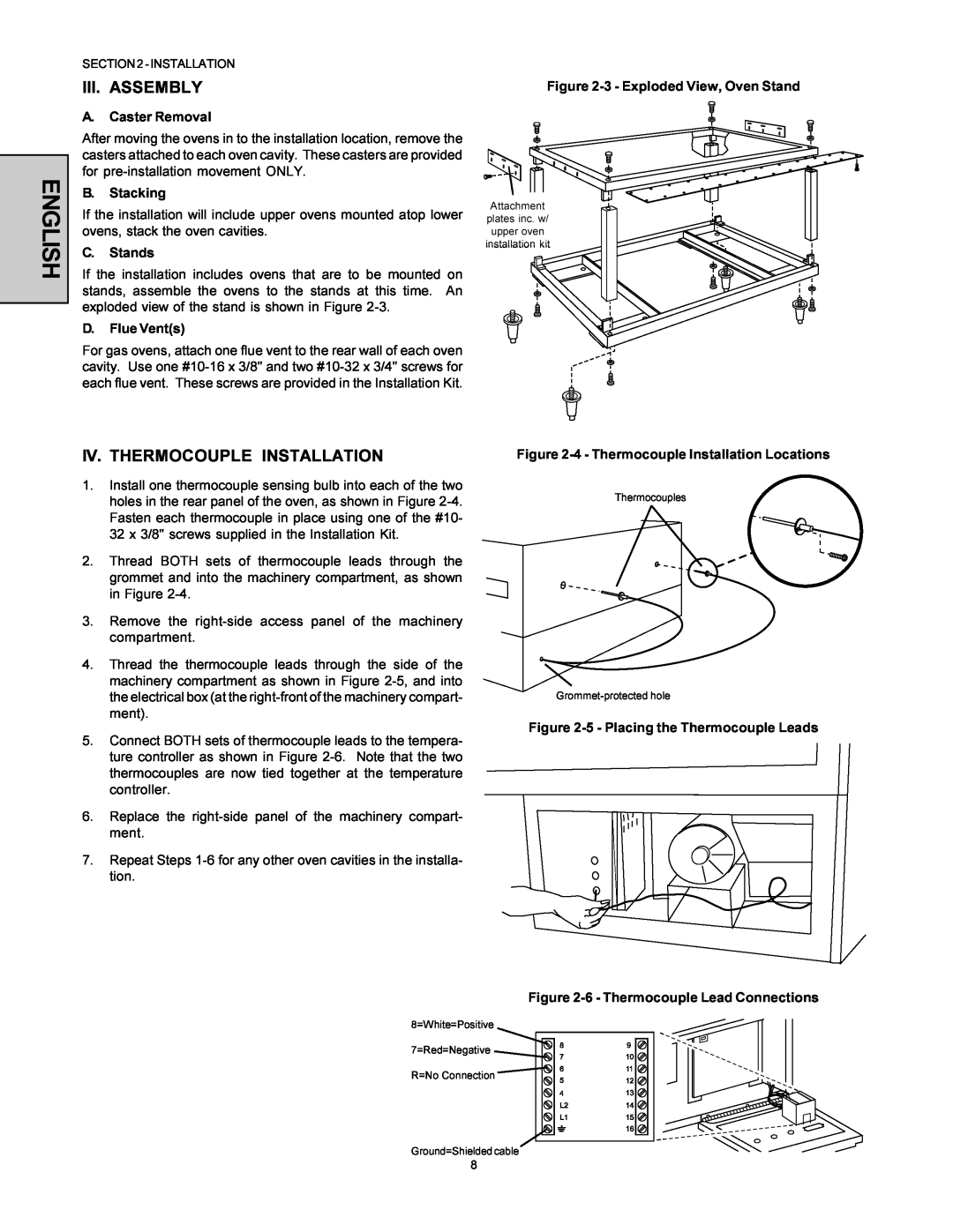 Middleby Marshall PS360-U English, Iii. Assembly, Iv. Thermocouple Installation, A.Caster Removal, B.Stacking, C.Stands 