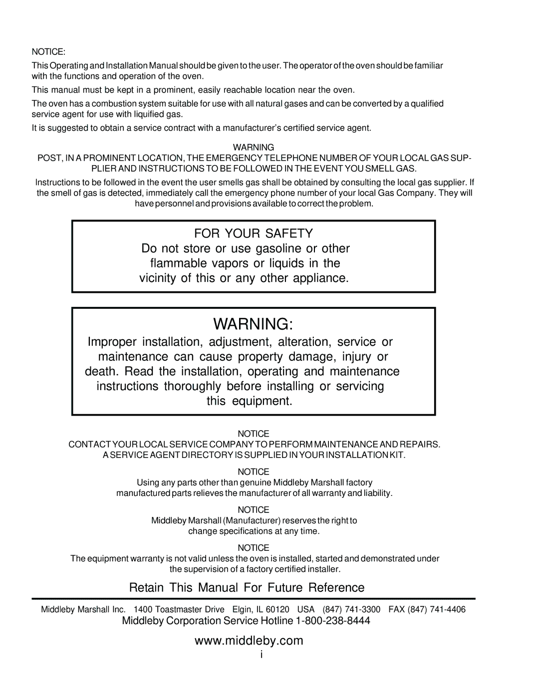 Middleby Marshall PS360 installation manual For Your Safety, Retain This Manual For Future Reference 