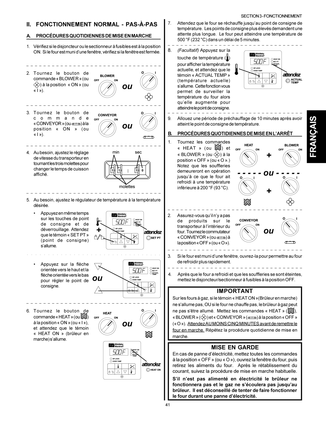 Middleby Marshall PS314, PS360WB II. Fonctionnement Normal PAS-À-PAS, Mise EN Garde, Procéduresquotidiennesdemiseenmarche 