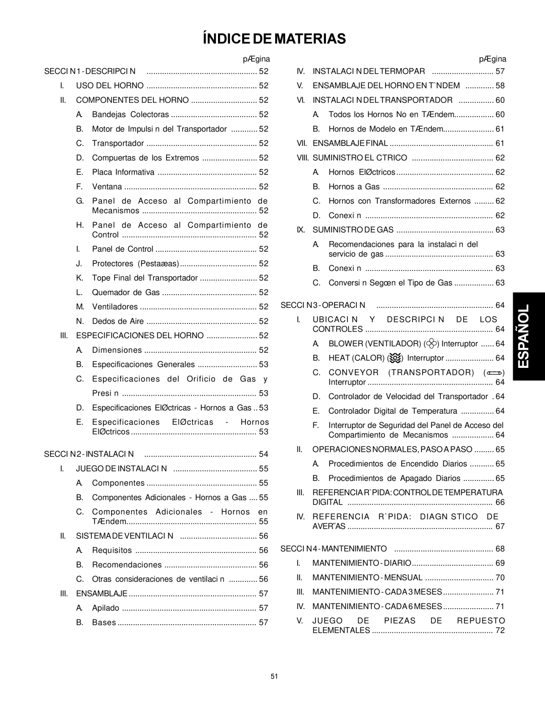 Middleby Marshall PS360S, PS360WB, PS310 Índice DE Materias, SECCIÓN1-DESCRIPCIÓN, SECCIÓN2-INSTALACIÓN, SECCIÓN3-OPERACIÓN 