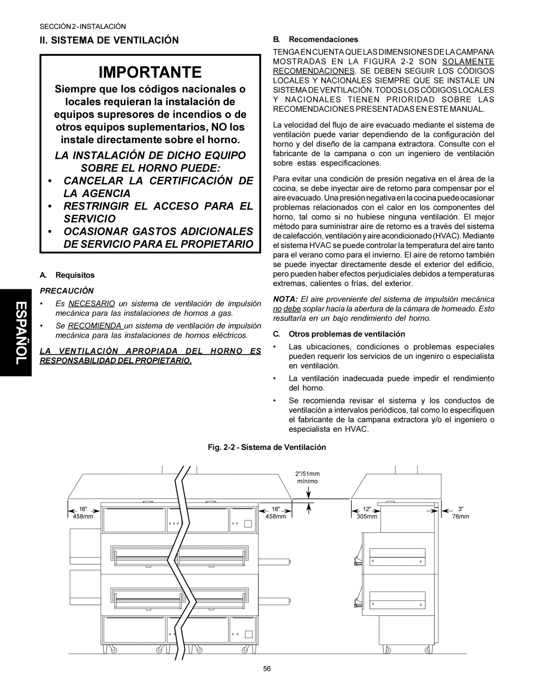 Middleby Marshall PS360Q, PS360WB II. Sistema DE Ventilación, Requisitos, Recomendaciones, Otros problemas de ventilación 