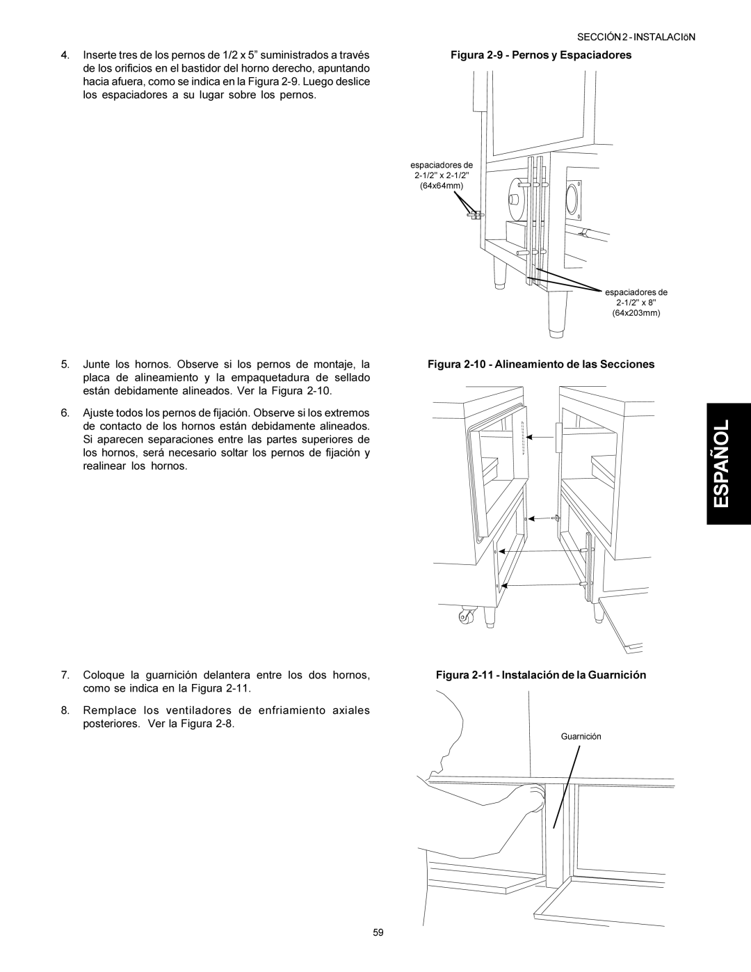 Middleby Marshall PS314, PS360WB, PS360Q, PS360S Figura 2-9 Pernos y Espaciadores, Figura 2-10 Alineamiento de las Secciones 