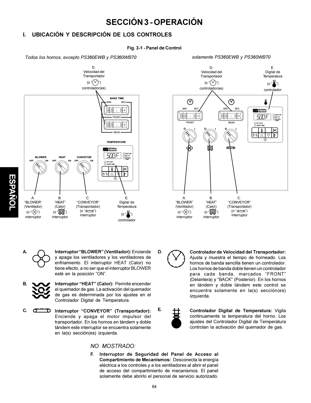 Middleby Marshall PS310, PS360WB, PS360Q, PS360S, PS314 Sección 3 Operación, Ubicación Y Descripción DE LOS Controles 