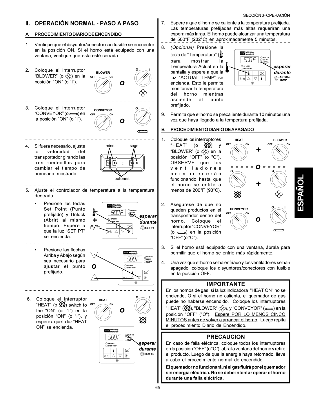 Middleby Marshall PS314, PS360WB II. Operación Normal Paso a Paso, Importante, Precaucion, Procedimientodiariodeencendido 
