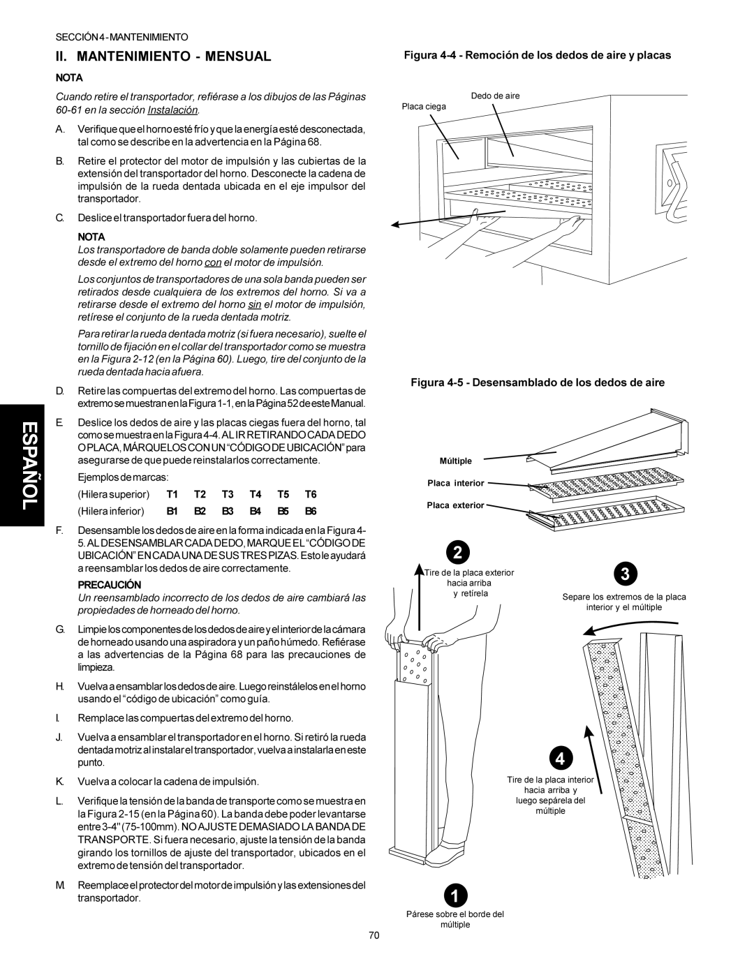 Middleby Marshall PS310, PS360WB, PS360Q, PS314 II. Mantenimiento Mensual, Figura 4-4 Remoción de los dedos de aire y placas 