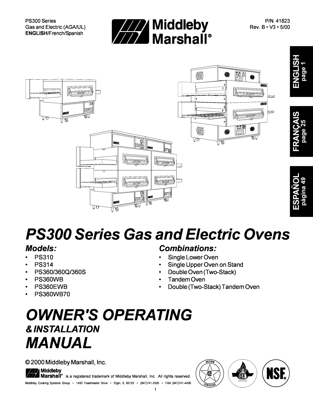 Middleby Marshall PS360 installation manual PS300 Series Gas and Electric Ovens, Owners Operating, Manual, Installation 