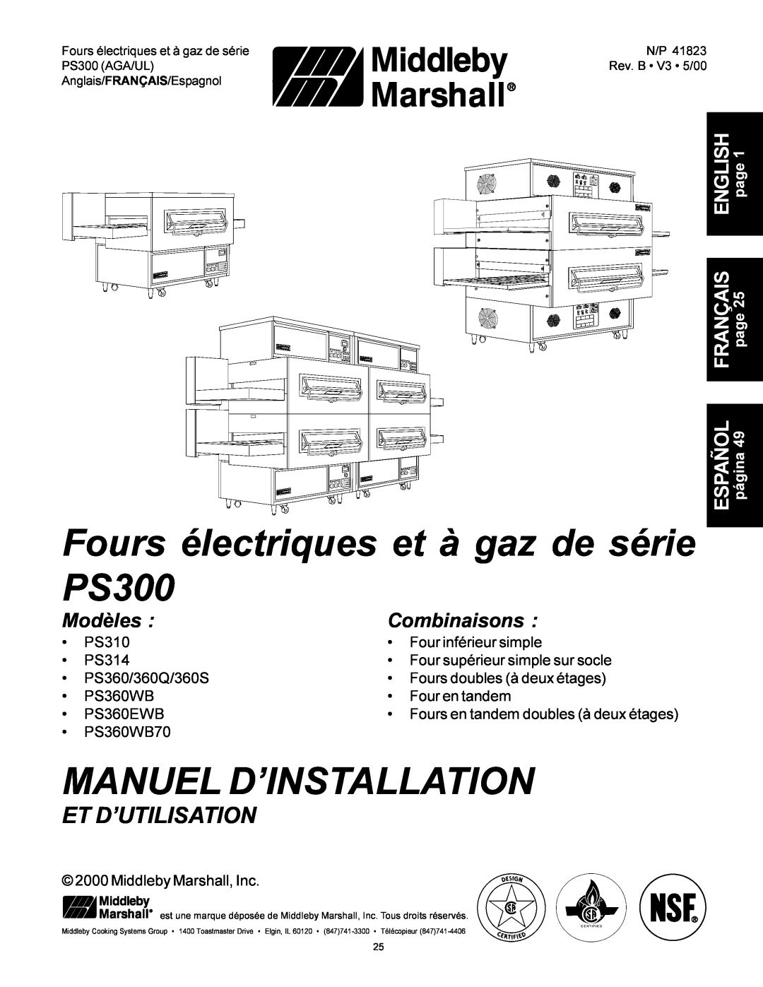 Middleby Marshall PS360, PS310 Fours électriques et à gaz de série PS300, Manuel D’Installation, Et D’Utilisation, Modèles 