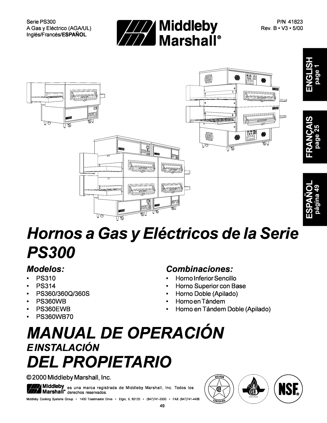 Middleby Marshall PS360 Hornos a Gas y Eléctricos de la Serie PS300, Manual De Operación, Del Propietario, E Instalación 