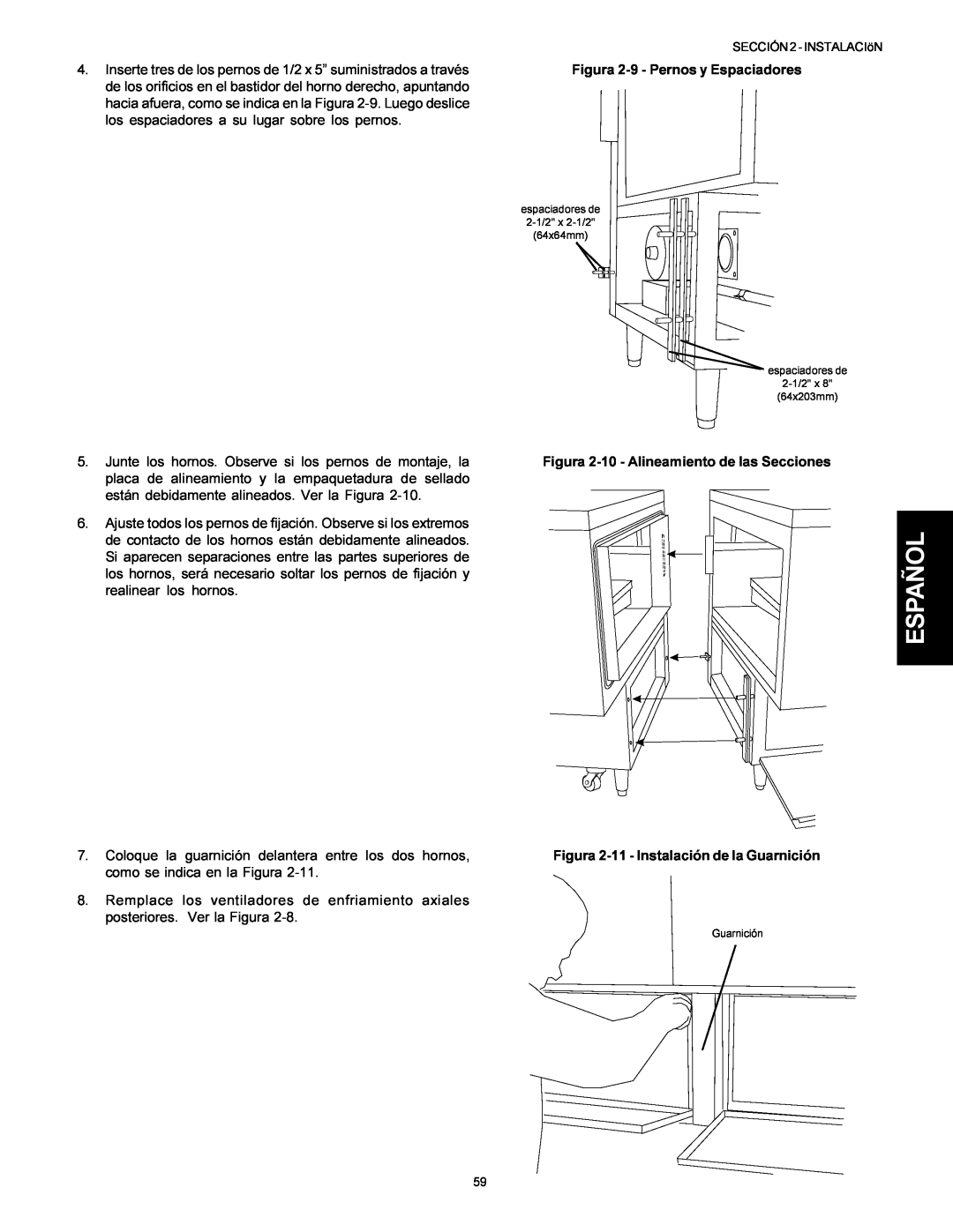 Middleby Marshall PS314, PS360WB Español, Figura 2-9 - Pernos y Espaciadores, Figura 2-10 - Alineamiento de las Secciones 
