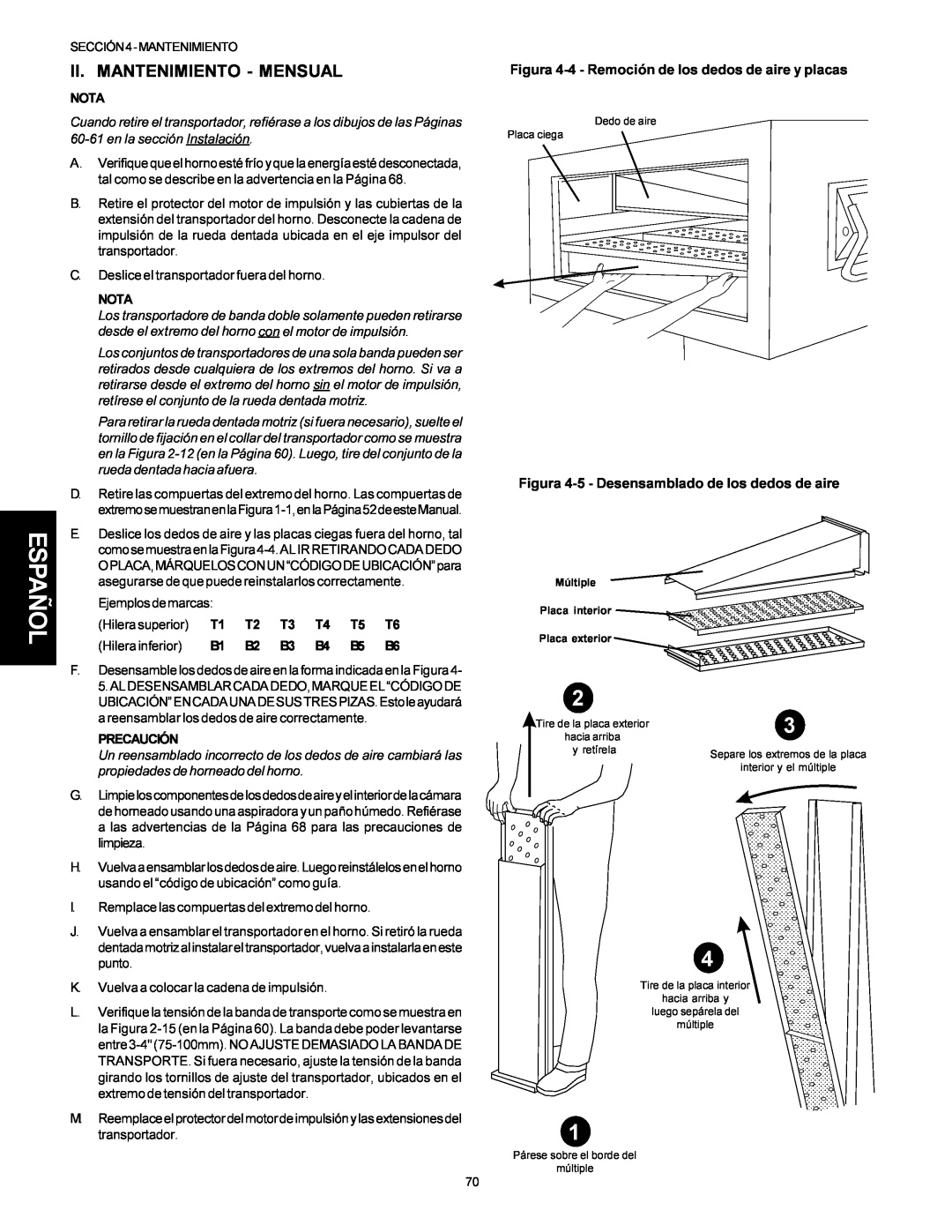 Middleby Marshall PS310, PS360WB Español, Ii. Mantenimiento - Mensual, Figura 4-4 - Remoción de los dedos de aire y placas 
