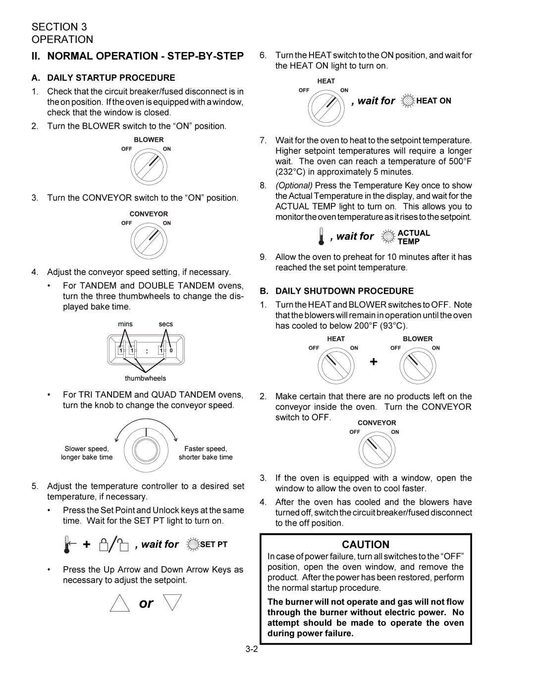 Middleby Marshall PS360WB II. Normal Operation STEP-BY-STEP, Daily Startup Procedure, Daily Shutdown Procedure 