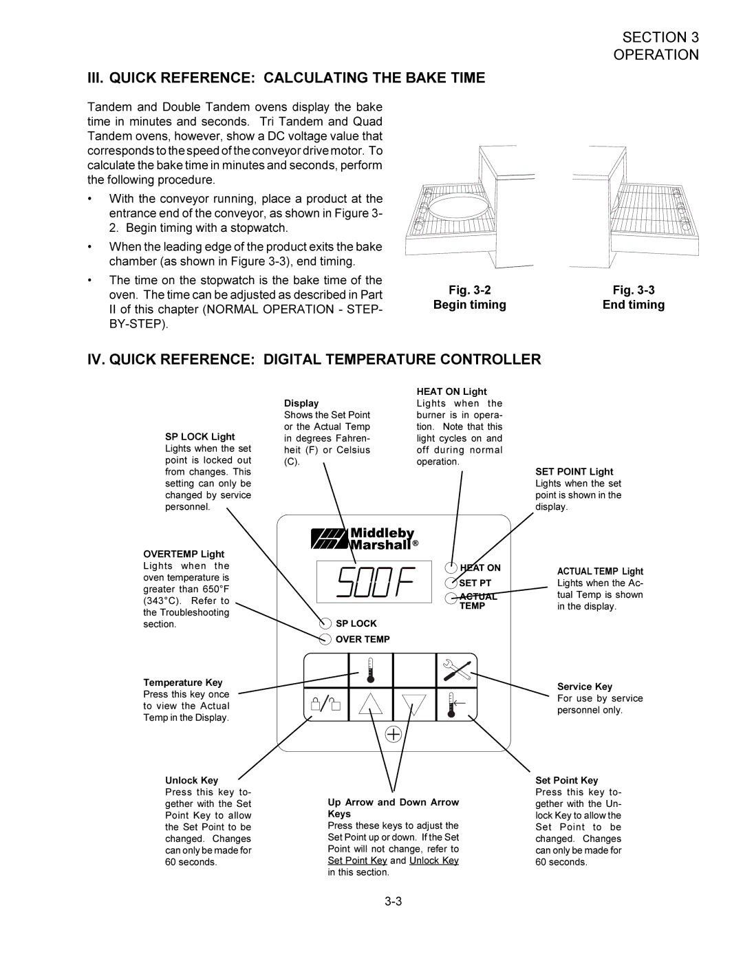 Middleby Marshall PS360 III. Quick Reference Calculating the Bake Time, IV. Quick Reference Digital Temperature Controller 