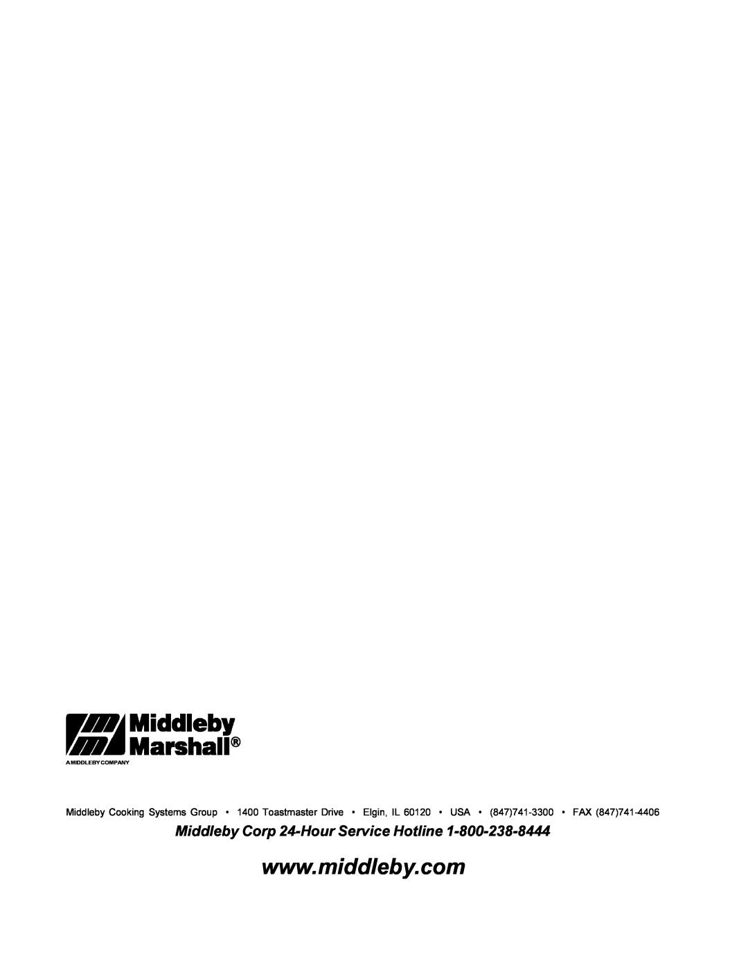 Middleby Marshall PS360WB installation manual Middleby Corp 24-Hour Service Hotline, A Middleby Company 