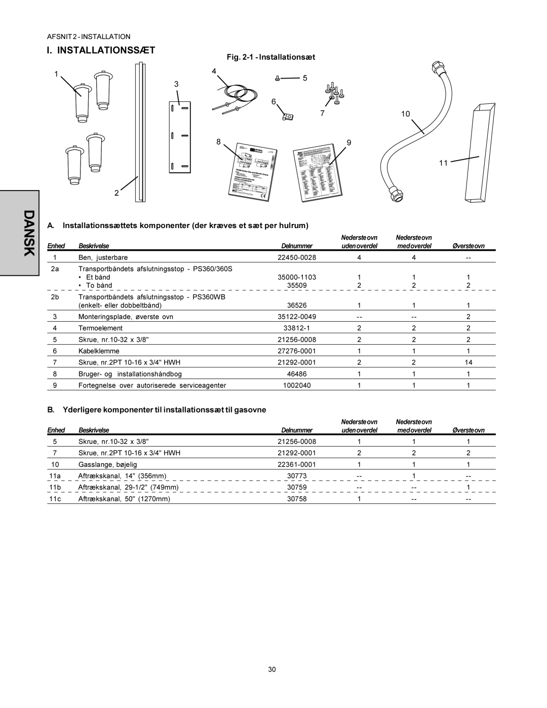 Middleby Marshall PS360WB-U, PS360-L Installationssæt, Yderligere komponenter til installationssæt til gasovne, Øversteovn 