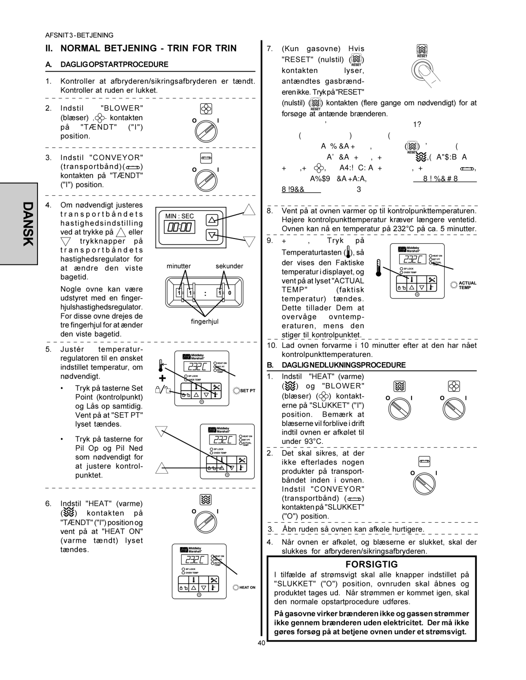 Middleby Marshall PS360WB-U II. Normal Betjening Trin for Trin, Dagligopstartprocedure, Daglignedlukningsprocedure 