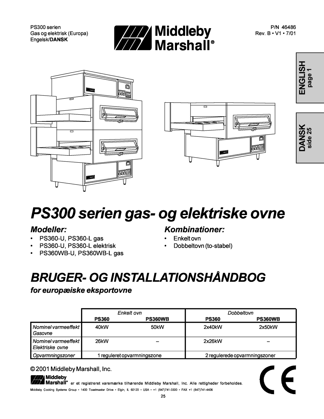 Middleby Marshall PS360-L PS300 serien gas- og elektriske ovne, Bruger- Og Installationshåndbog, ModellerKombinationer 