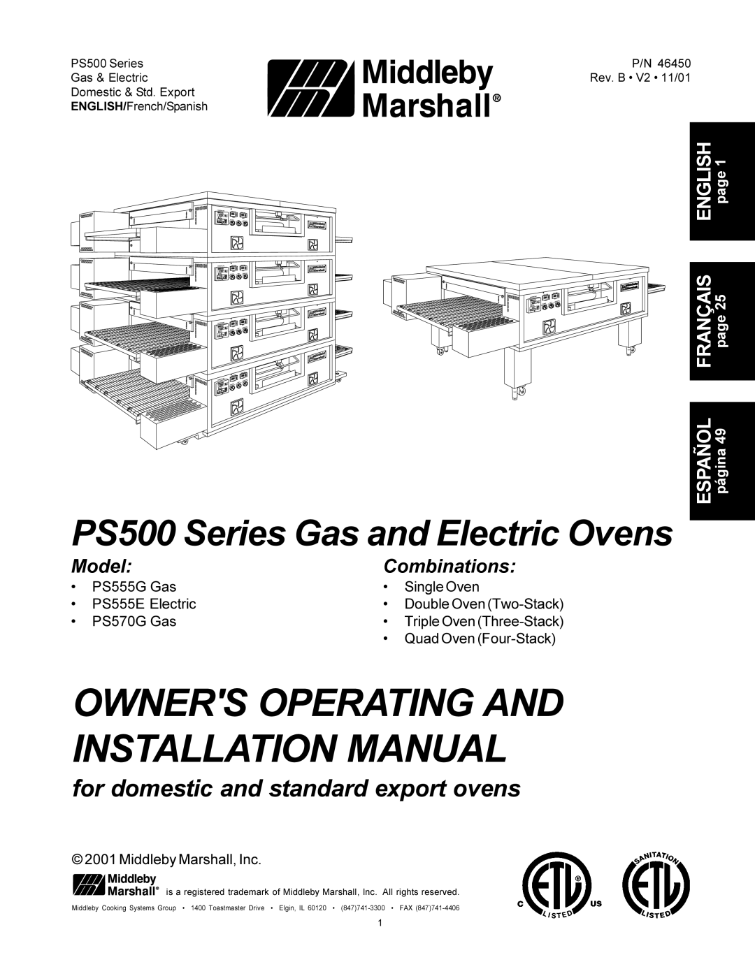 Middleby Marshall PS500 installation manual Owners Operating and Installation Manual 