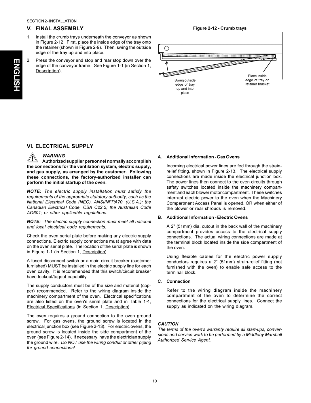 Middleby Marshall PS500 Final Assembly, VI. Electrical Supply, Additional Information Gas Ovens, Connection 