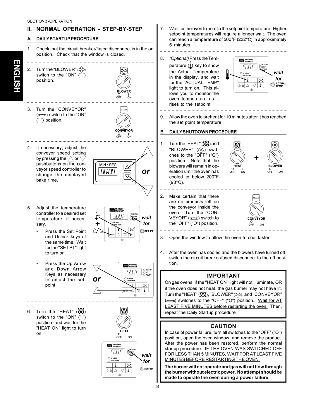 Middleby Marshall PS500 II. Normal Operation STEP-BY-STEP, Dailystartupprocedure, Dailyshutdownprocedure 